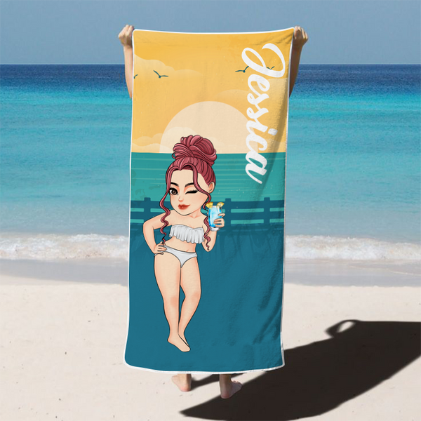 Cartoon Woman Beach Poolside Swimming Gift For Her Personalized Custom Beach Towel