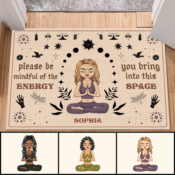 Please Be Mindful Of The Energy - Personalized Doormat - Birthday Gift For Yoga Lovers