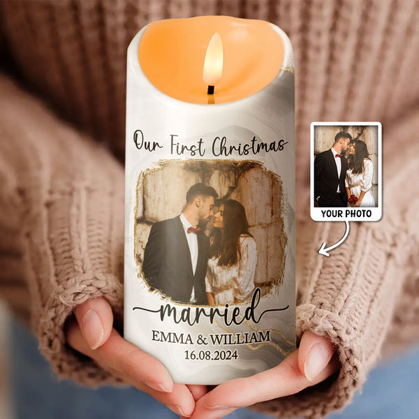 Custom Photo Our First Christmas - Customized Personalized Candle Led Light - Christmas Gift For Couple Husband Wife