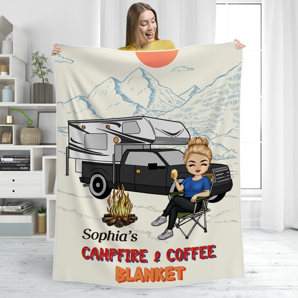 Campfire And Coffee Blanket - Personalized  Blanket - Gift For Camping Lovers, Campers