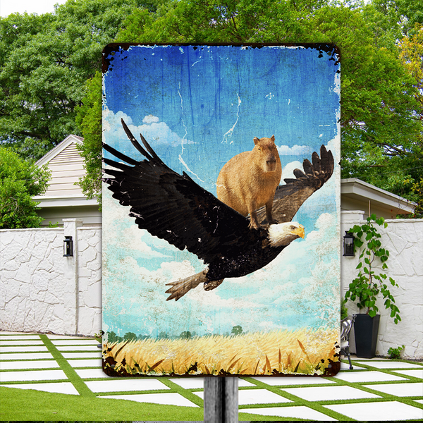Fun Capybara Flying With Bird Metal Sign, Farmhouse Sign, Wall Decoration