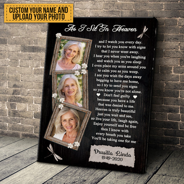 Custom Photo Personalized Canvas Wall Art Sympathy Gifts, Remembrance Gifts, As I Sit In Heaven