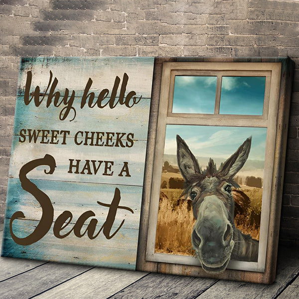 Retro Hello Sweet Cheeks Have A Seat Quote Painting, Donkey Canvas Prints, Vintage Bathroom, Animal Canvas Wall Art