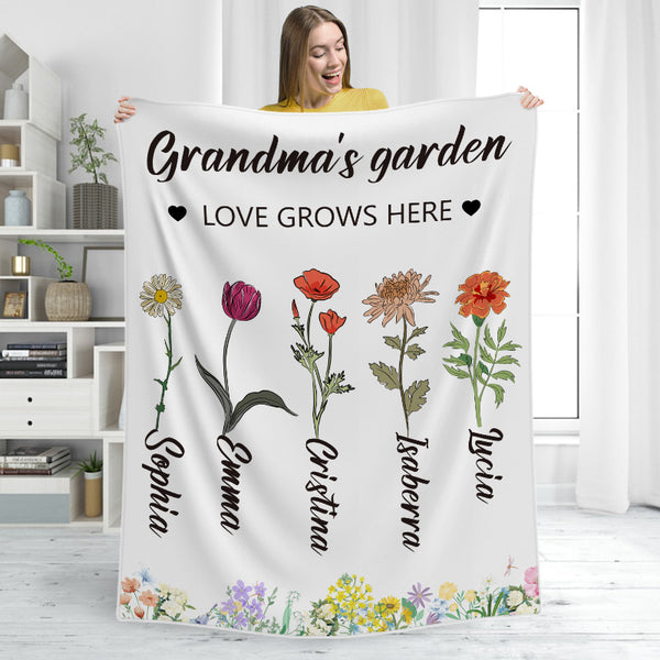 Love Grows Here Flowers Gift For Mother Grandma Garden Personalized Custom Blanket