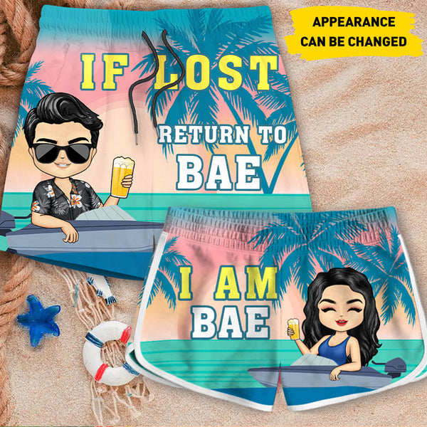 If Lost Return To Bae - Couple Beach Shorts - Summer Vibe Gift For Couples, Husband Wife Personalized Custom Beach Shorts