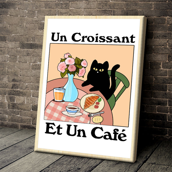 Un Croissant Et Un Cafe Black Lovely Cat Personalized Custom Framed Canvas Wall Art