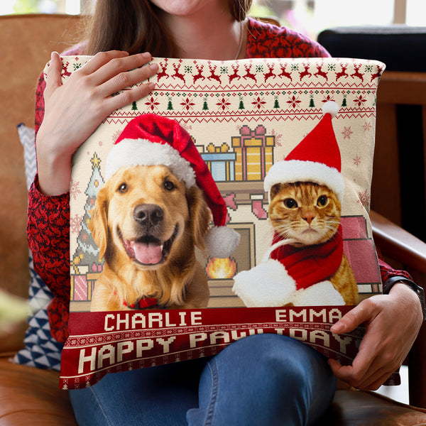 Custom Photo Happy Pawlidays - Customized Personalized Pillow - Pet Gift For Pet Dog Cat Lover