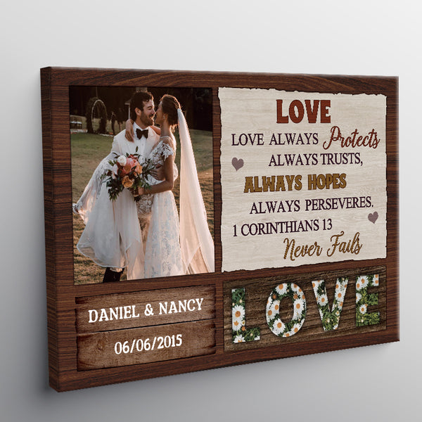 Custom Photo, Couple Gift, Christian Wedding Gift Love Never Fails 1 Corinthians 13 Personalized Canvas