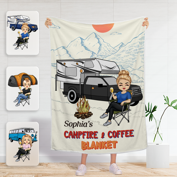 Campfire And Coffee Blanket - Personalized  Blanket - Gift For Camping Lovers, Campers