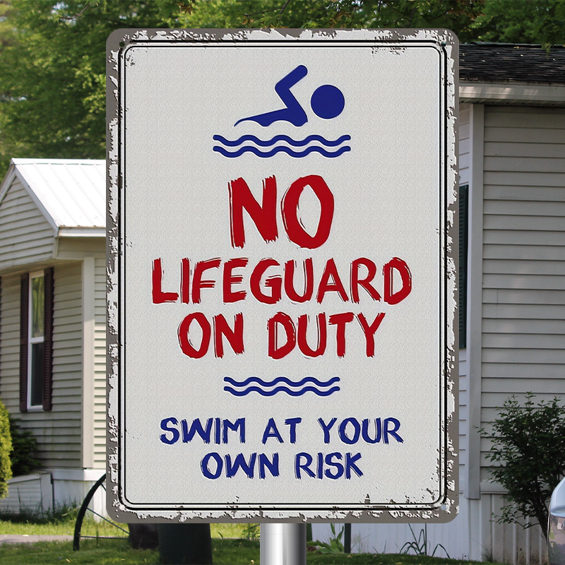 Swimming Pool Warning Sign Swim At Your Own Risk Metal Sign Poolside S ...