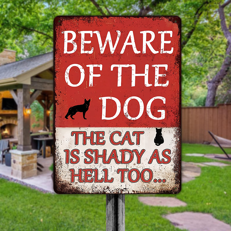 Funny Beware of Dog and Shady Cat - Funny Decor Vintage Metal Sign ...