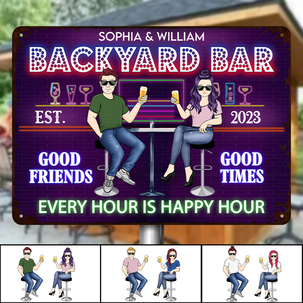 Backyard Bar Every Hour Is Happy Hour Gift For Couples Personalized Custom Metal Sign