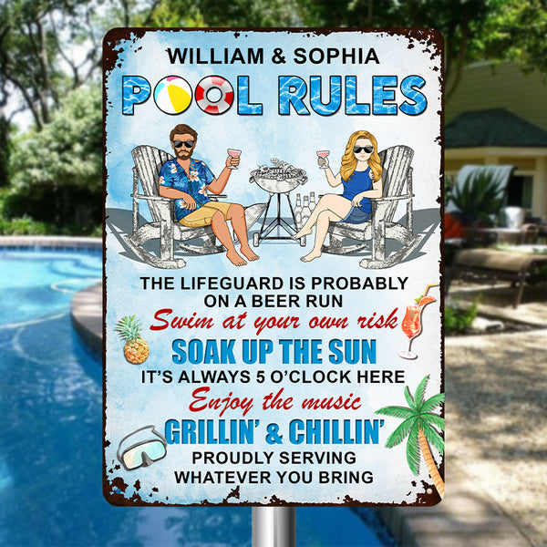 Pool Rules Enjoy The Music Grilling And Chilling Gift For Couples Personalized Custom Metal Sign