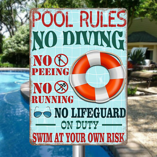 Pool Rules Swim At Your Own Risk Wall Art Funny Swimming Pool Signs - Swimming Pool Metal Signs