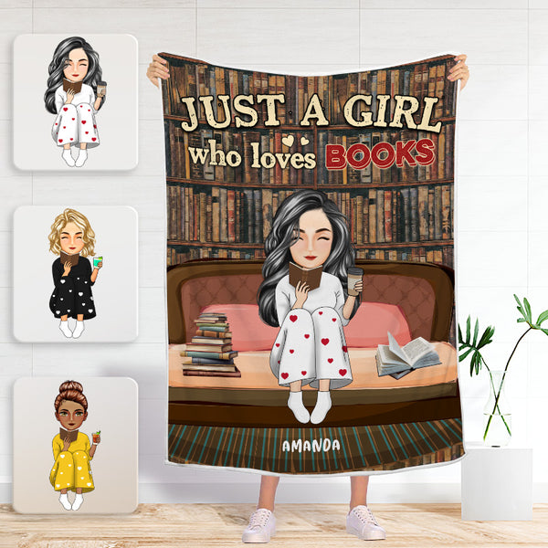 Personalized  Blanket - Just A Girl Who Loves Books Bed Sitting - Gift For Book Reading Lovers