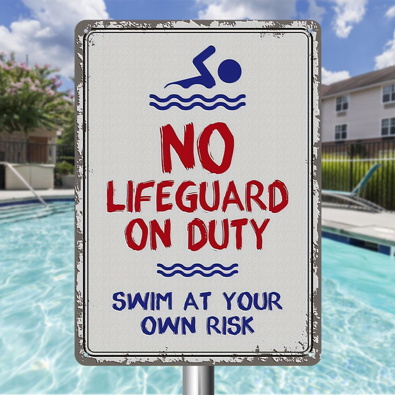Swimming Pool Warning Sign Swim At Your Own Risk Metal Sign Poolside S ...