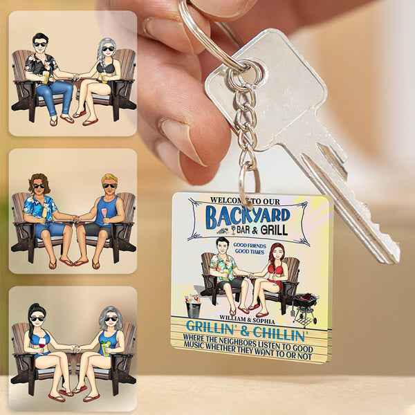 Poolside Where The Neighbors Listen To The Good Music - Summer Keychain - Gift For Couples Personalized Custom Keychain