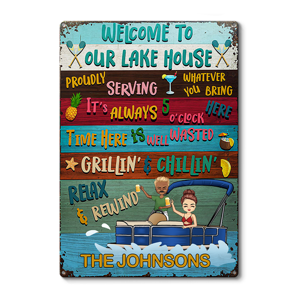 Lake House Pontoon Time Here Is Well Wasted - Lake House Sign - Lake House Decor - Personalized Custom Classic Metal Signs