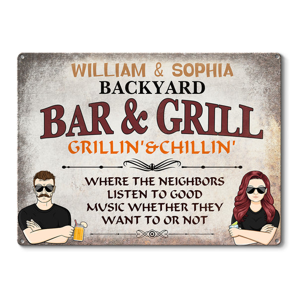 Backyard Bar & Grill Listen To Good Music Husband Wife - Personalized Custom Classic Metal Signs