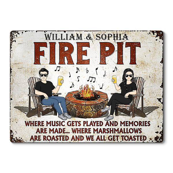 Fire Pit Where Music Gets Played Husband Wife Camping Couple -  Camping Signs - Personalized Custom Classic Metal Signs