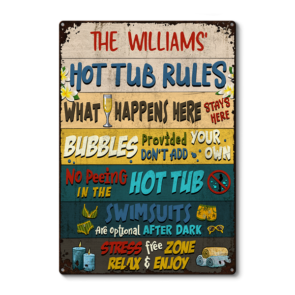 Hot Tub Rules What Happens Here Custom Classic Metal Signs, Funny Hot Tub Signs, Hot Tub Decorating Ideas