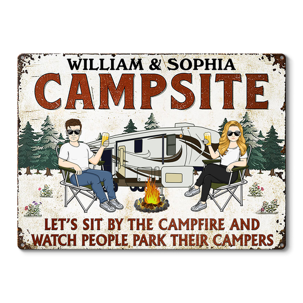 Let's Sit By The Campfire Husband Wife - Camping Signs - Camping Gift For Couple - Personalized Custom Classic Metal Signs