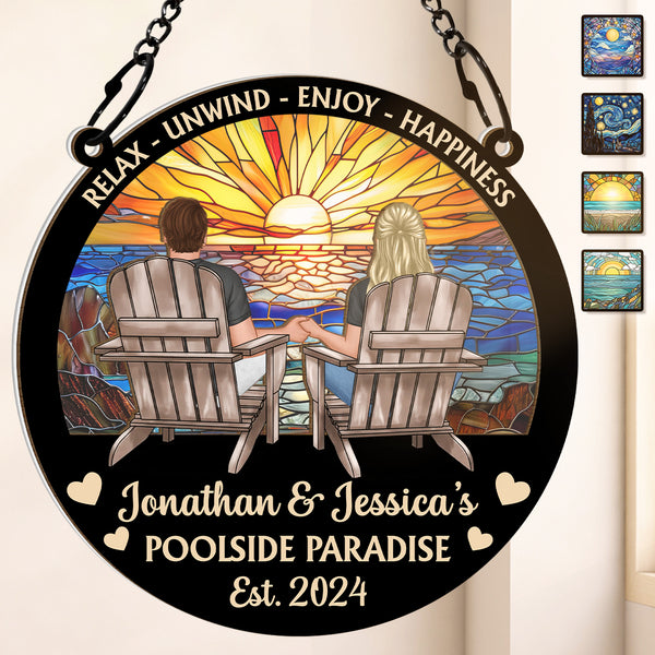 Poolside Paradise Relax Unwind - Personalized Acrylic Window Suncatcher Ornament - Gift For Couple Husband Wife