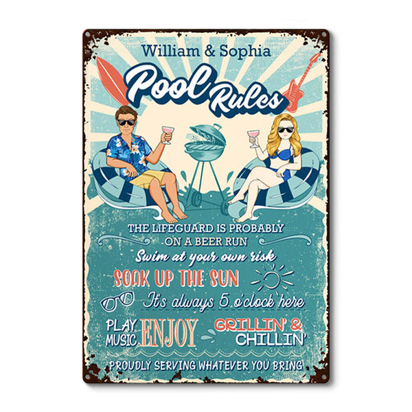 Pool Rules Swim At Your Own Risk Grilling Couple Husband Wife - Backyard Sign - Personalized Custom Classic Metal Signs