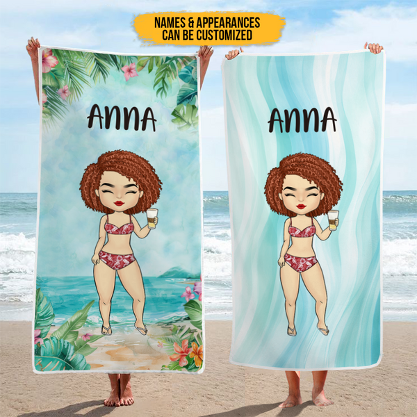 Chibi Lady Summer Vibe Gift For Bestie, Best Friend Personalized Custom Beach Towel