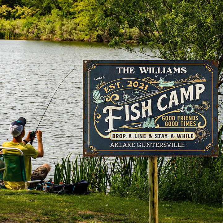Personalized Fish Camp Drop A Line Customized Classic Metal Signs-Metal Sign-Thesunnyzone