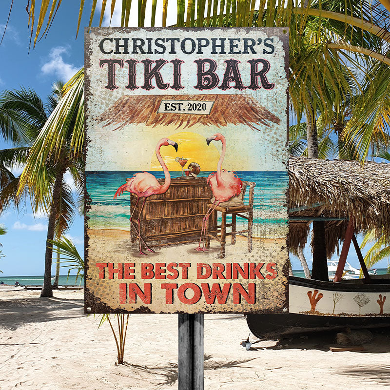 Personalized Tiki Bar Flamingo Best Drinks Customized Classic Metal Signs-Metal Sign-Thesunnyzone