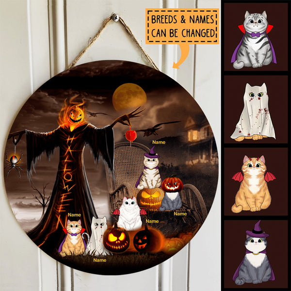 Halloween Welcome Door Signs, Pumpkin Head Scarecrow Custom Wooden Signs, Halloween Decorations For Cat Lovers , Cat Mom Gifts