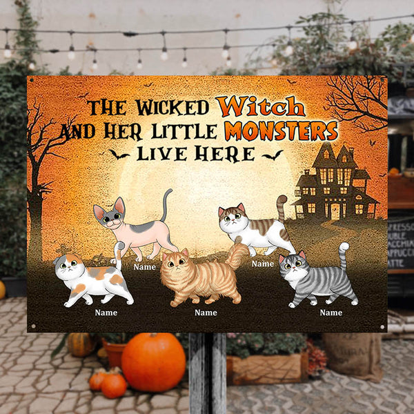 Halloween Wicked Witch And Cats Live Here Personalized Custom Classic Metal Signs
