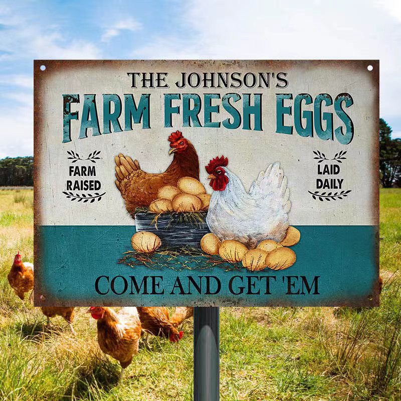 Personalized Chicken Farm Raised Laid Daily Turquoise Customized Classic Metal Signs-Metal Sign-Thesunnyzone