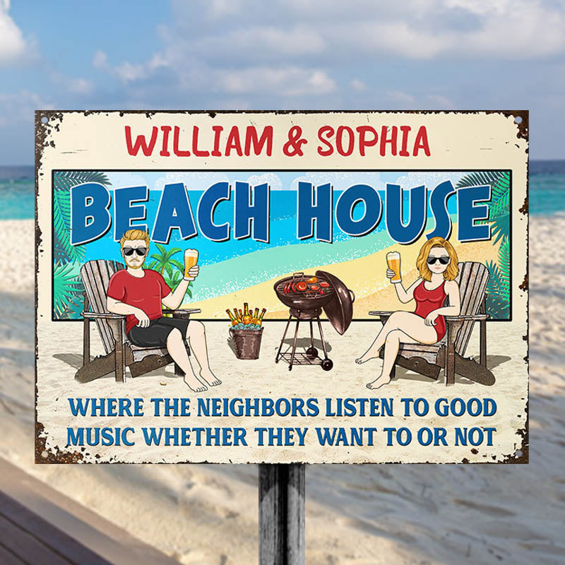 Family Couple Beach House Listen To Good Music - Personalized Custom Classic Metal Signs