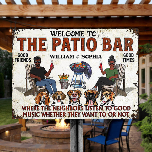 Patio Grilling Listen To The Good Music Couple Husband Wife Dog Lovers - Backyard Sign - Personalized Custom Classic Metal Signs