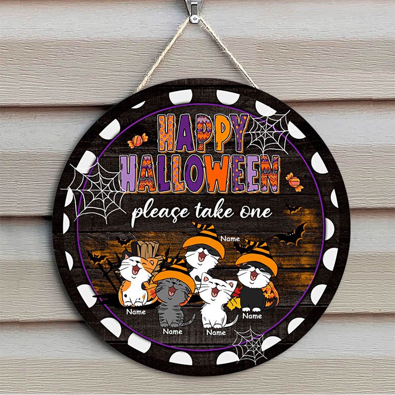 Discover Happy Halloween - Cats Wear Orange Striples Hat - Personalized Cat Door Sign