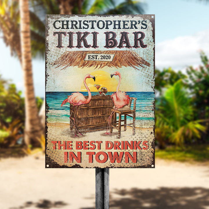 Personalized Tiki Bar Flamingo Best Drinks Customized Classic Metal Signs-Metal Sign-Thesunnyzone