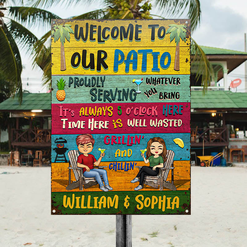 Patio Welcome Grilling Proudly Serving Whatever You Bring - Backyard Sign - Personalized Custom Classic Metal Signs