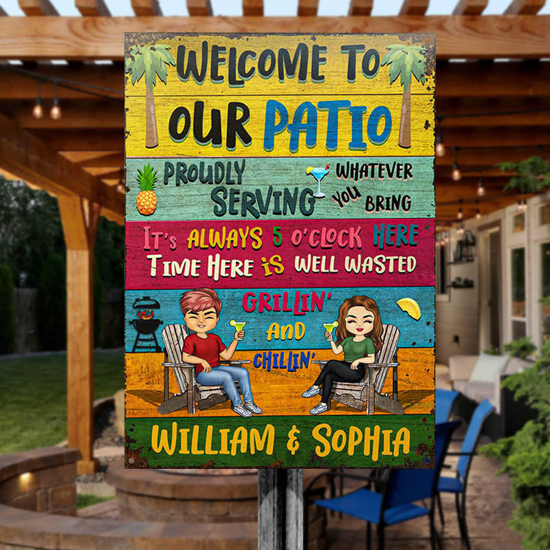 Patio Welcome Grilling Proudly Serving Whatever You Bring - Backyard Sign - Personalized Custom Classic Metal Signs