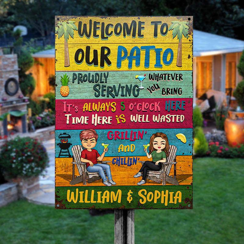 Patio Welcome Grilling Proudly Serving Whatever You Bring - Backyard Sign - Personalized Custom Classic Metal Signs