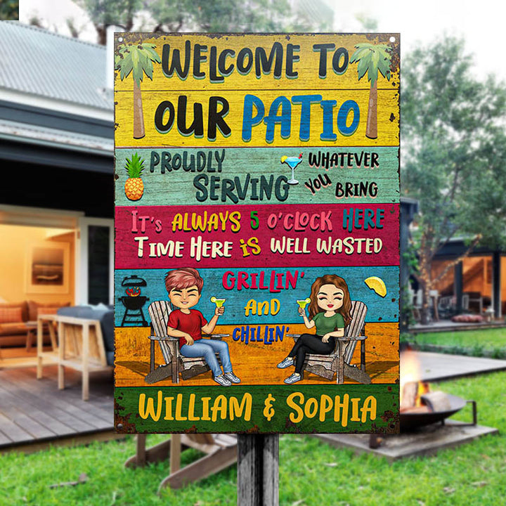 Patio Welcome Grilling Proudly Serving Whatever You Bring - Backyard Sign - Personalized Custom Classic Metal Signs
