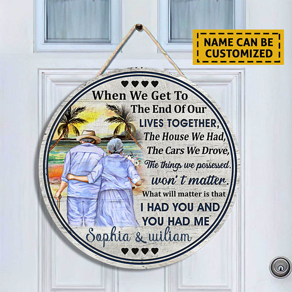 Personalized Beach Old Couple Custom Wood Circle Door Sign - Gift For Husband, Wife