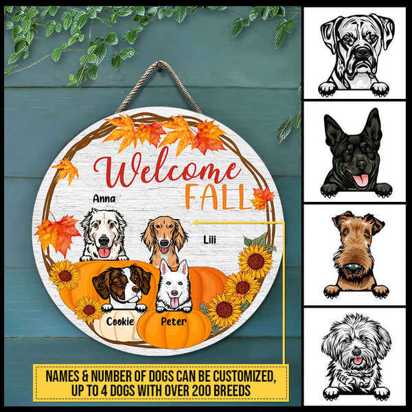 Dog Welcome Fall Autumn Custom Wood Sign, Dog Door Hanger - Personalized Gift For Dog Lovers