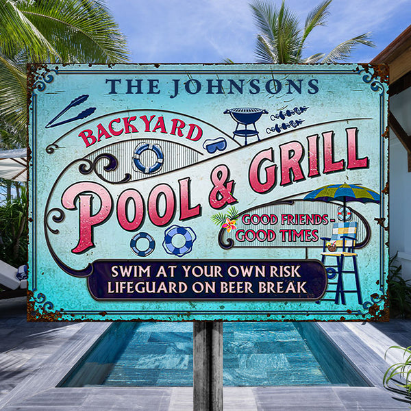 Personalized Pool Grilling Backyard At Your Own Risk Pink Blue Custom Classic Metal Signs