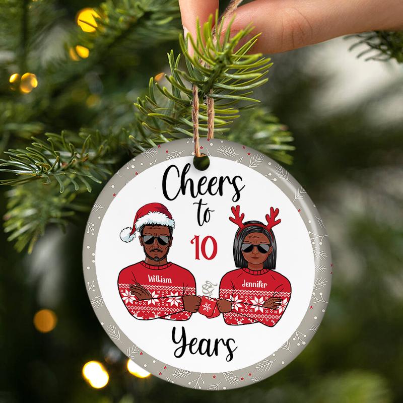 Cheers To Anniversary - Christmas Gift For Married Couples - Personalized Custom Circle Ceramic Ornament