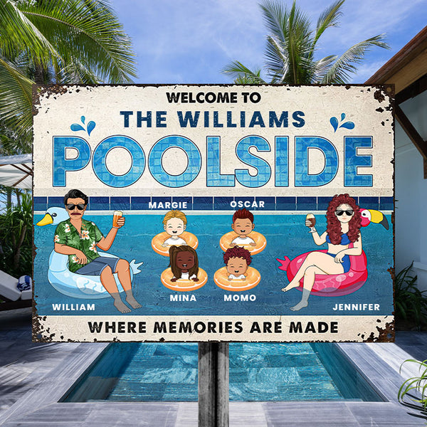 Family Couple Poolside Where Memories Are Made - Gift For Couple - Personalized Custom Classic Metal Signs