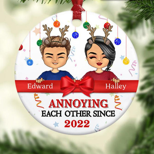 Christmas Chibi Couple Annoying Each Other Since - Personalized Custom Circle Ceramic Ornament