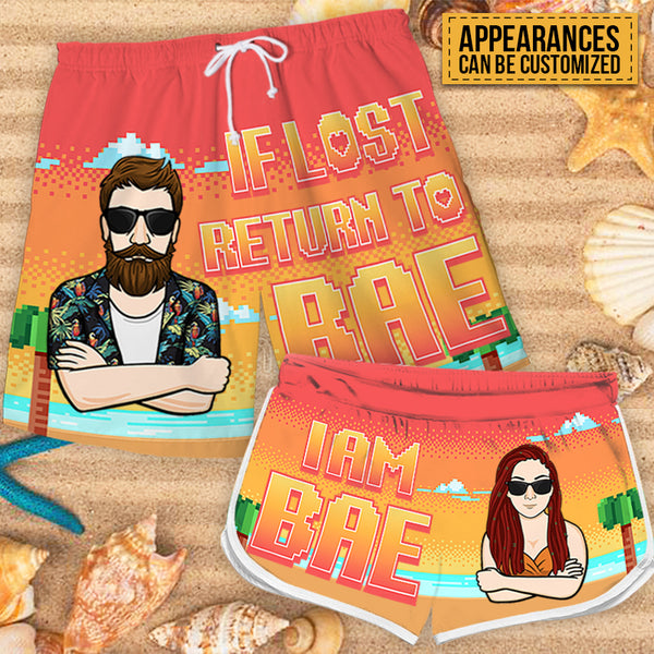 If Lost, Return To Bae - Personalized Couple Beach Shorts - Matching Swimsuits For Couples - Gift For Couples, Husband Wife