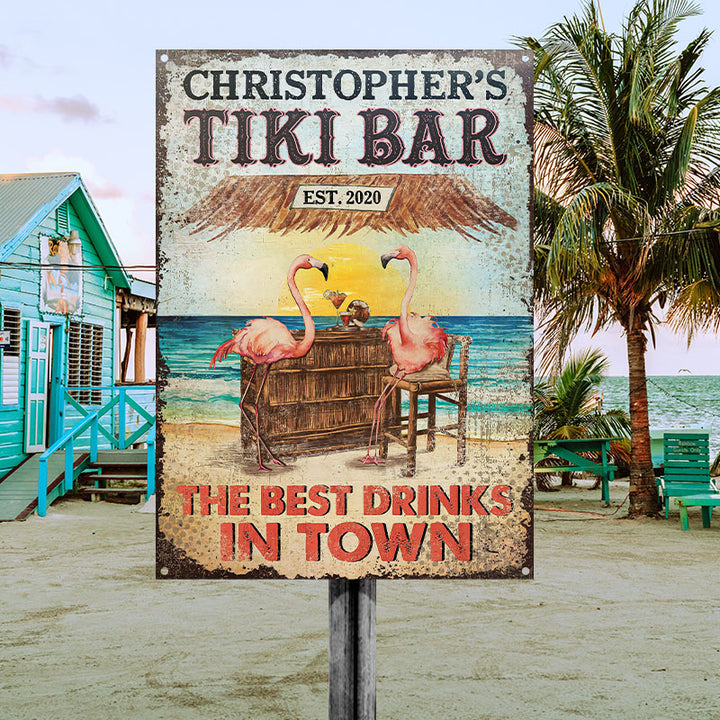 Personalized Tiki Bar Flamingo Best Drinks Customized Classic Metal Signs-Metal Sign-Thesunnyzone